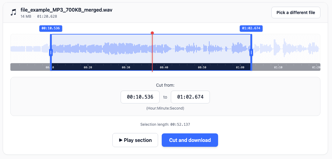 Audio Cutter with a waveform, cut handles, and time ruler