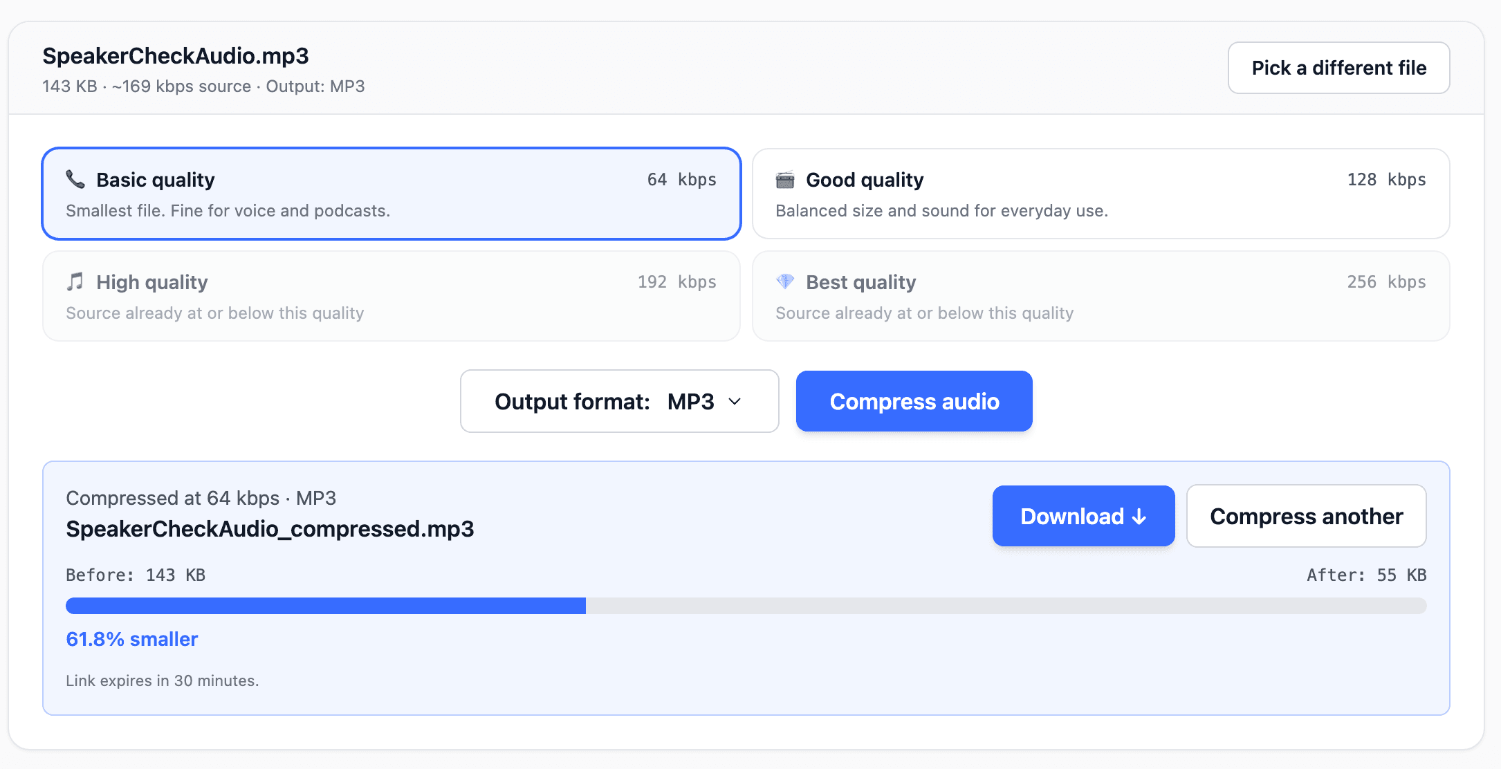 Compress Audio with Basic, Good, High and Best quality presets and a before / after size bar