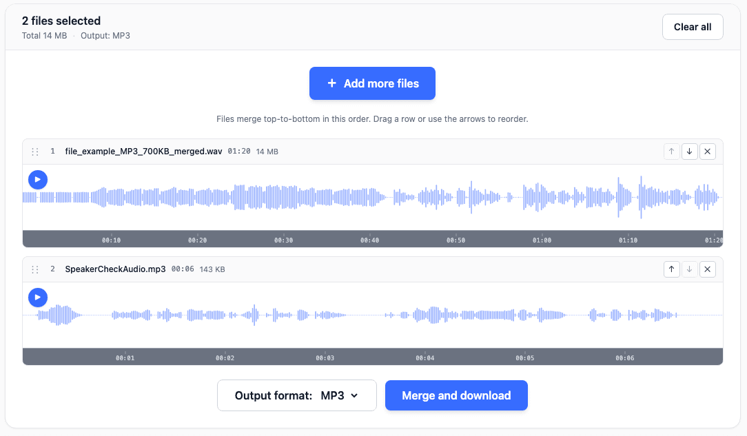 Merge Audio with two file rows, each showing its own waveform and time bar