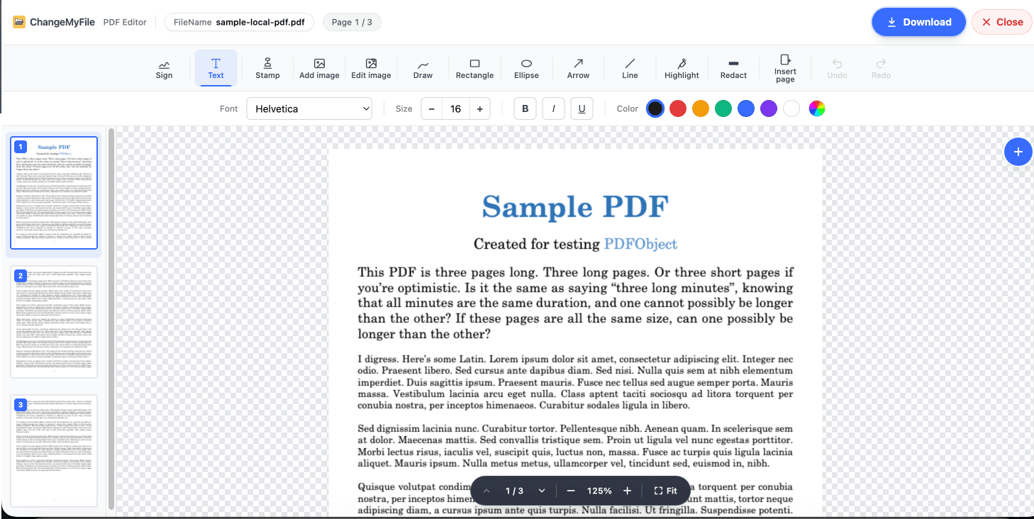 ChangeMyFile PDF editor with the Text tool active, showing font, size, alignment, and color controls in the strip above an open PDF.