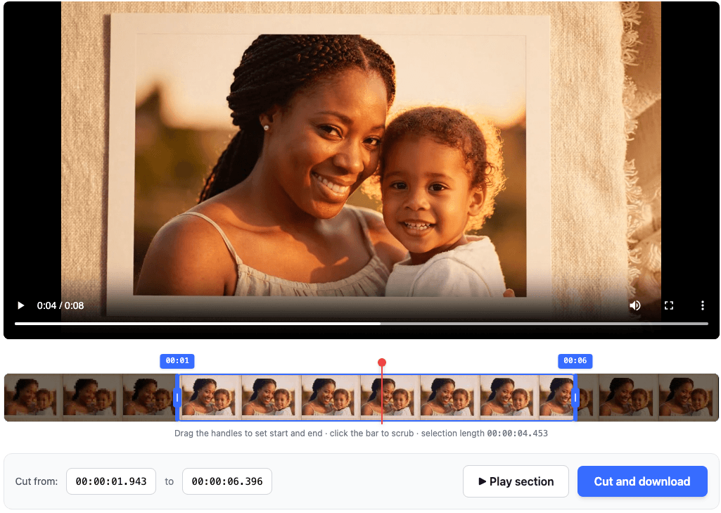 Cut Video tool with a filmstrip preview, draggable handles, and timestamp inputs