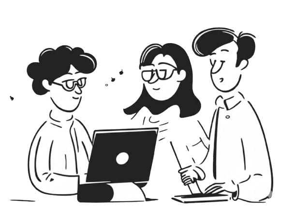 Three people collaborating around a laptop