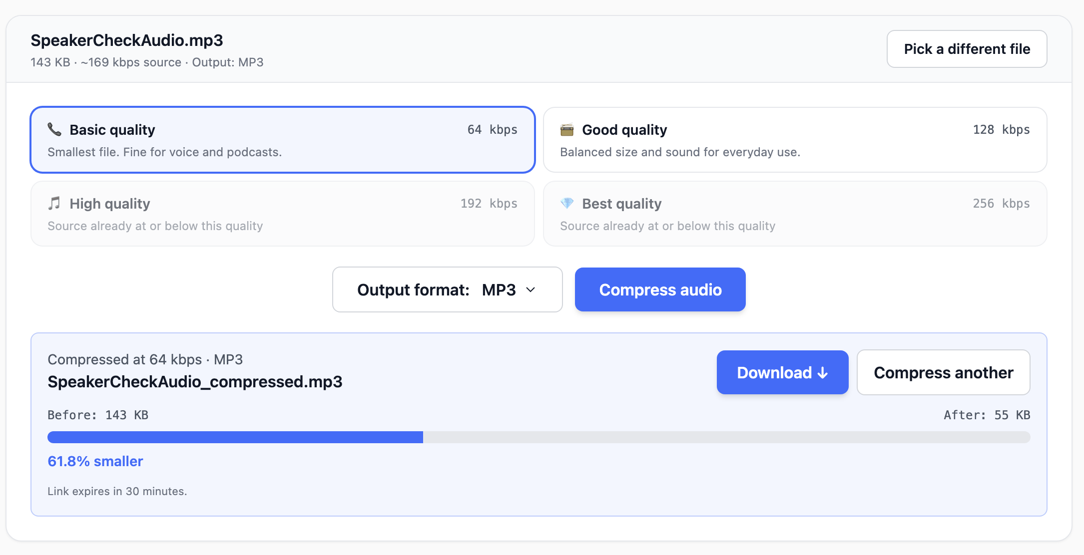 Compress Audio with Basic, Good, High and Best quality presets and a before / after size bar