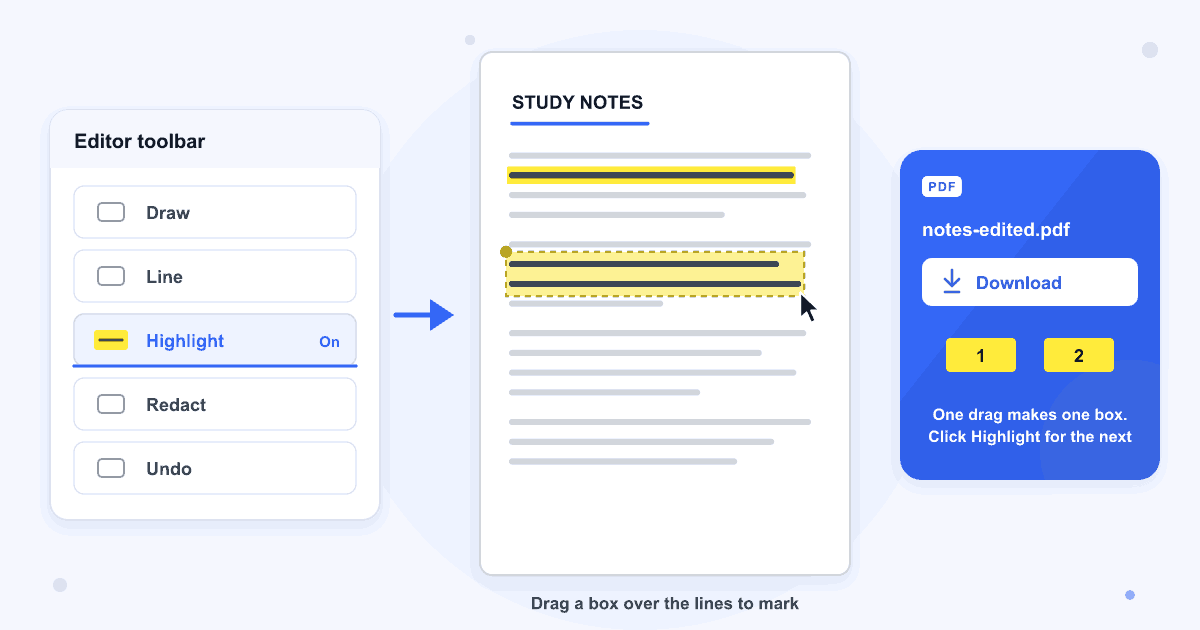 The Highlight button switched on in the editor toolbar, a dashed yellow box being dragged over two lines of a study notes page that already has one highlighted line, and notes-edited.pdf ready to download, with a note that each drag makes one box