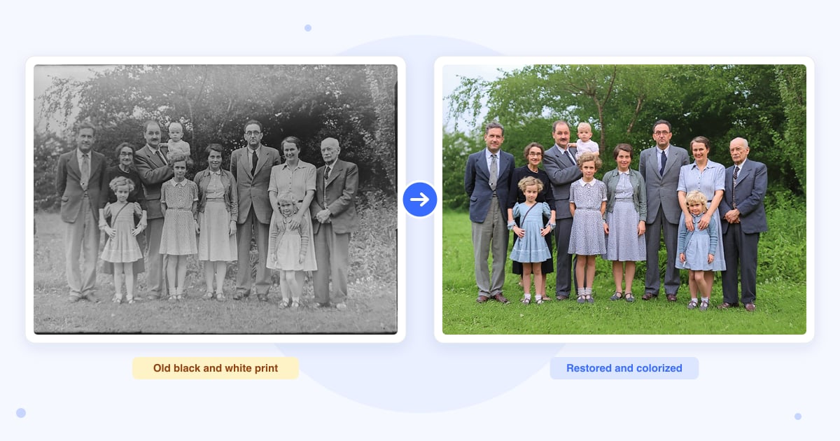 A real black and white photo of a large family group in a garden beside the same photo after this tool restored it, sharper and in color