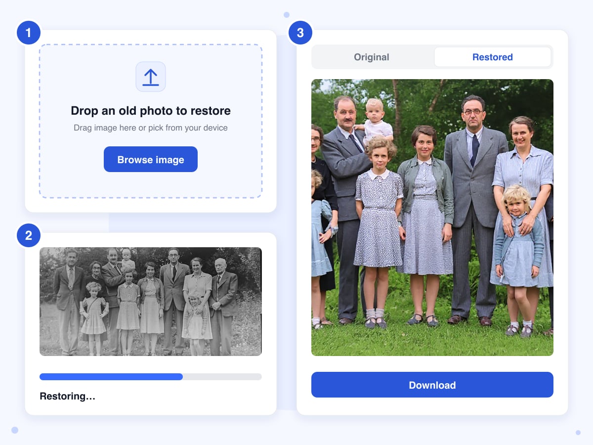 The three steps: upload an old photo, wait while it is restored, then compare the black and white original with the restored color version