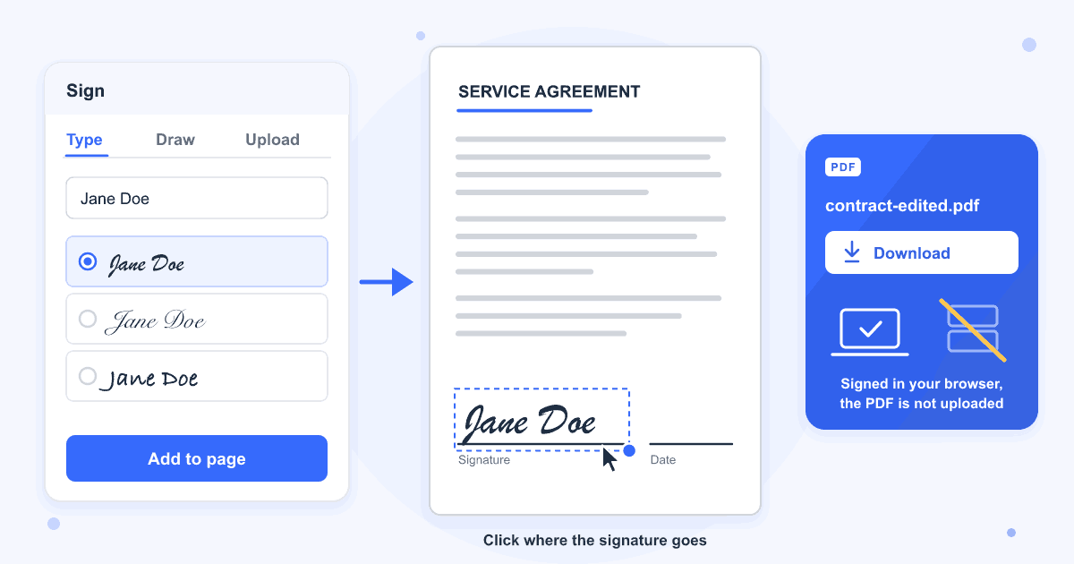 The Sign panel with Jane Doe typed in a handwriting style and the Add to page button, the name placed on the signature line of a service agreement, and contract-edited.pdf ready to download from the browser without going to a server